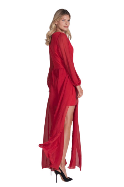Sukienka Maxi Z Dekoltem V Długi Szyfonowy Rękaw - czerwona